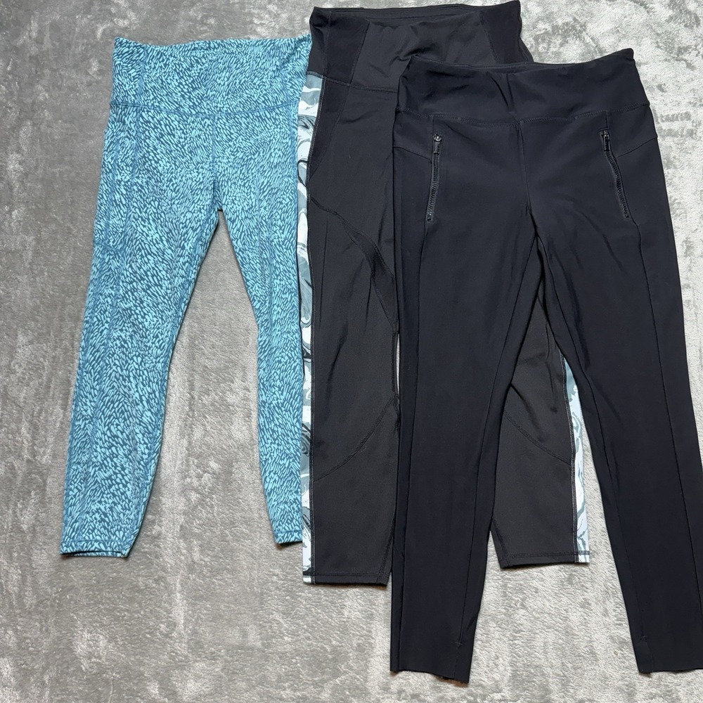 Lot of 3 Athleta Leggings Womens Medium M Black Teal Textured Athletic Gym